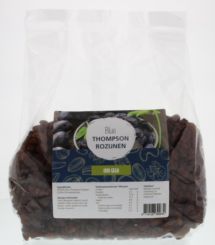 Blue Thompson rozijnen in 1 kg verpakking, van MijnNatuurwinkel, raw en superfoods, close-up of dried blue grapes