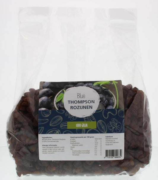 Blue Thompson rozijnen in 1 kg verpakking, van MijnNatuurwinkel, raw en superfoods, close-up of dried blue grapes