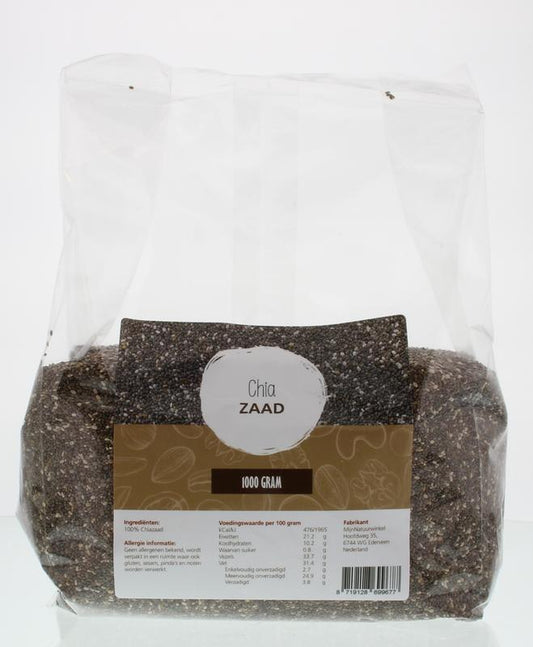 MijnNatuurwinkel Chia zaad in 1kg bag, raw superfood with small black seeds on a white background