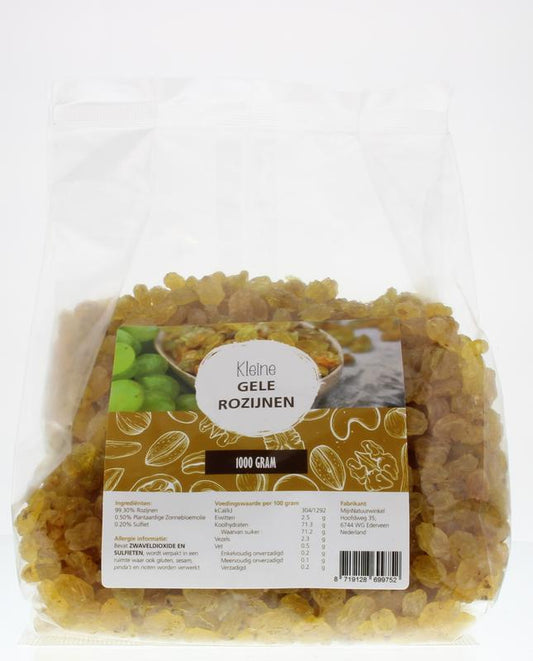 Gele sultana rozijnen in een 1 kg verpakking, natuurlijke snacks en tussendoortjes van MijnNatuurwinkel, close-up van de rozijnen