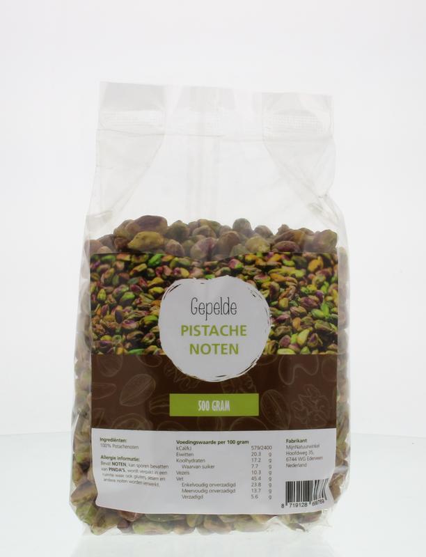 Raw gepelde pistache noten from MijnNatuurwinkel in a 500g package, showcasing the fresh, natural pistachio nuts.