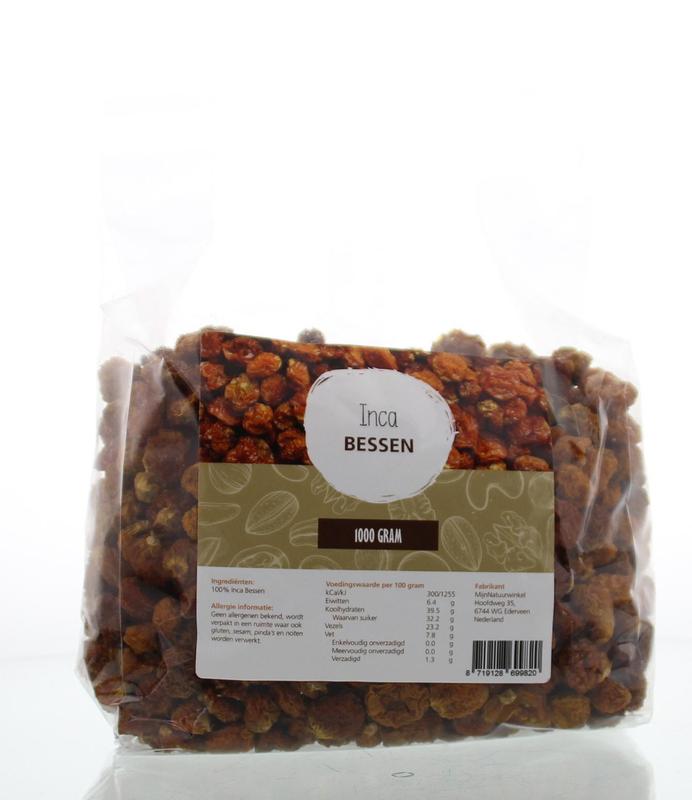 Raw Inca berries from MijnNatuurwinkel in a 1kg bag, showcasing vibrant, dried superfood berries on a neutral background.