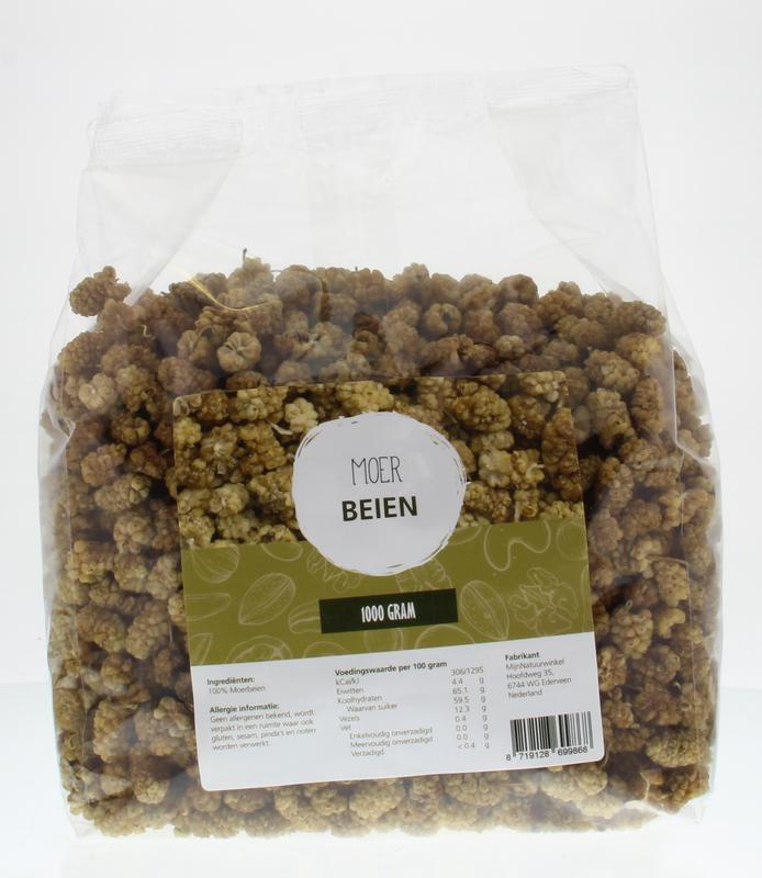 Raw mulberries from MijnNatuurwinkel, 1 kilogram bag, showcasing fresh, dried superfood berries on a natural surface.