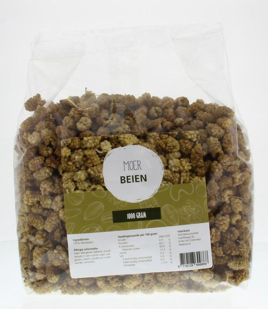 Raw mulberries from MijnNatuurwinkel, 1 kilogram bag, showcasing fresh, dried superfood berries on a natural surface.