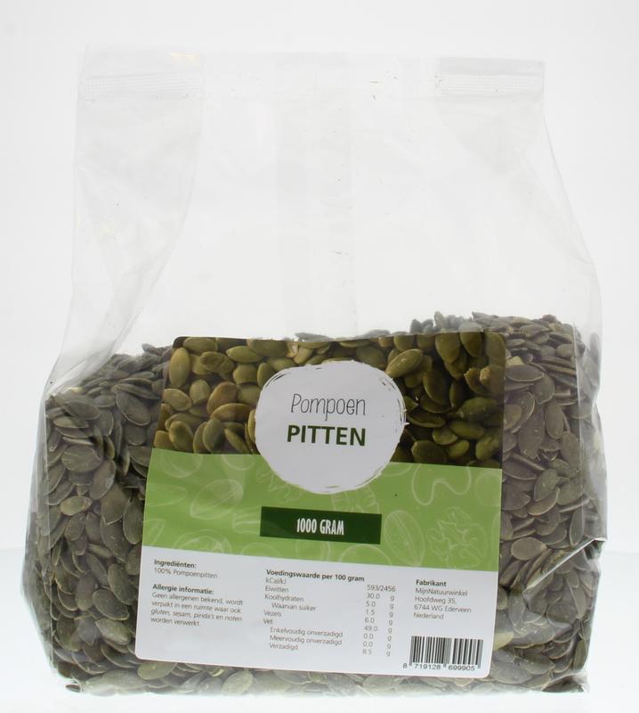 Raw pumpkin seeds from MijnNatuurwinkel, 1 kg bag of nutritious superfoods, shown in a natural, close-up view.