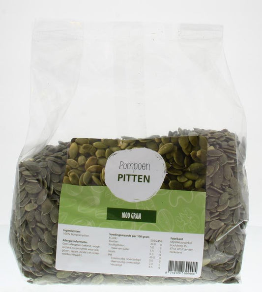 Raw pumpkin seeds from MijnNatuurwinkel, 1 kg bag of nutritious superfoods, shown in a natural, close-up view.