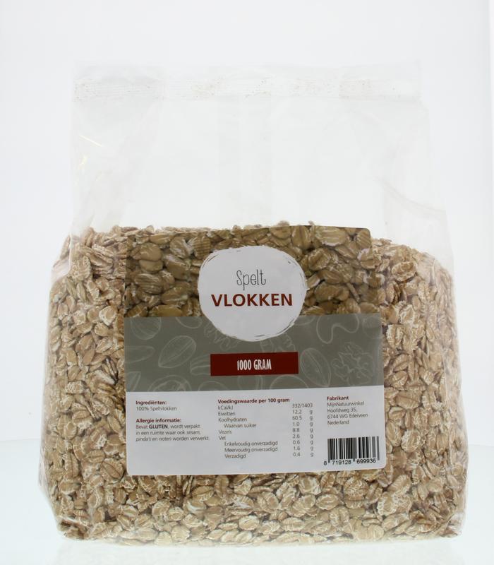Speltvlokken ontbijtgranen from MijnNatuurwinkel in a 1 kg bag, showing golden spelt flakes in a bowl.