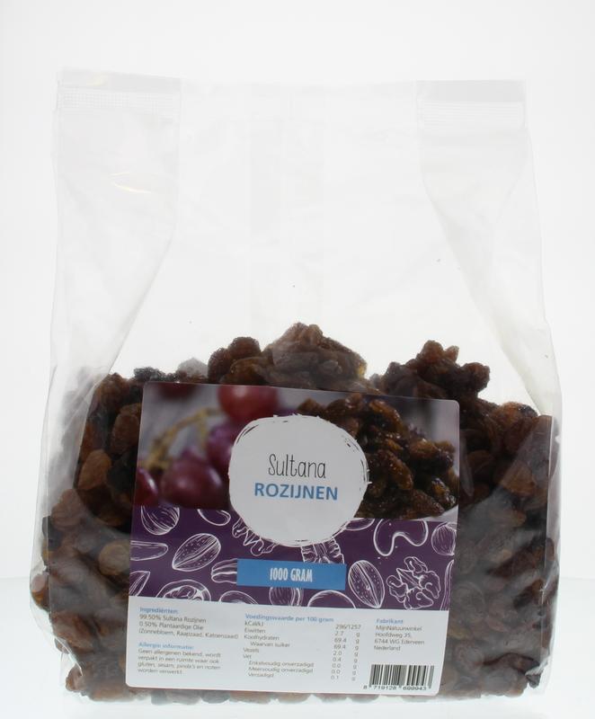 Sultana rozijnen in 1 kg package from MijnNatuurwinkel, organic dried fruit on a white background