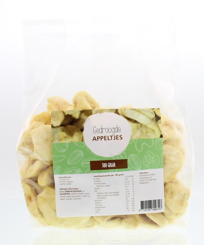 Dried apples from MijnNatuurwinkel in a 500g package, showcasing golden dried fruit pieces on the product label.