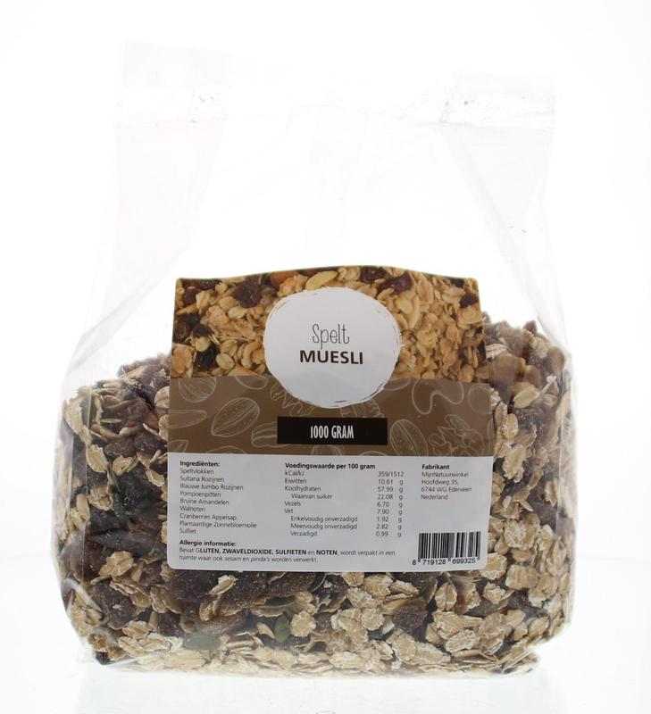 MijnNatuurwinkel Spelt muesli in 1 kg bag, natural breakfast cereal with whole spelt grains, on a wooden table.