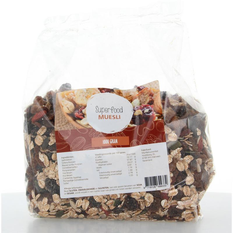MijnNatuurwinkel Superfood muesli in 1kg package, healthy breakfast grains with mixed nuts and dried fruits, natural and wholesome.