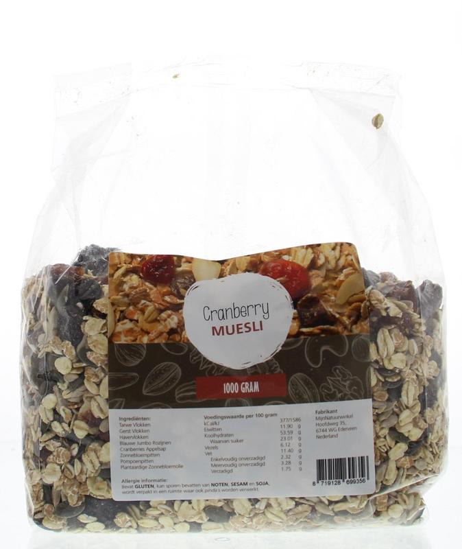 MijnNatuurwinkel Cranberries muesli in 1kg bag, natural breakfast cereal with dried cranberries and oats.