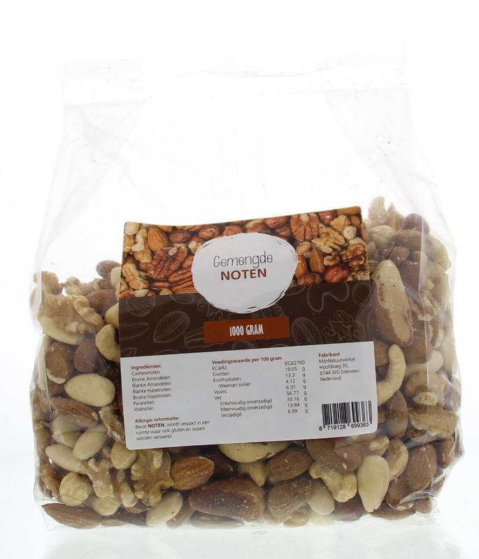 MiijnNatuurwinkel mixed nuts in a 1kg bag, healthy snack with a variety of nuts, perfect for snacking or adding to recipes.