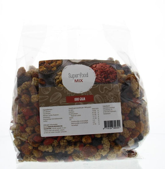 MijnNatuurwinkel Superfood mix in a 1kg bag, featuring a colorful blend of raw and superfoods on a white background.
