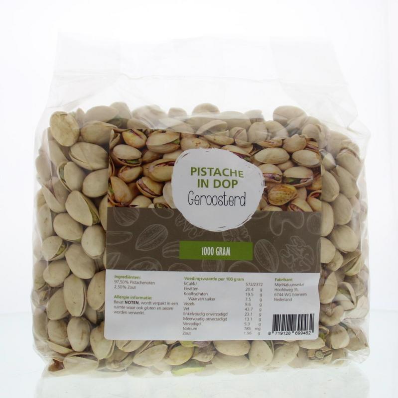 Roasted pistachios in shell from MijnNatuurwinkel, 1 kilogram, a healthy snack and nut product.