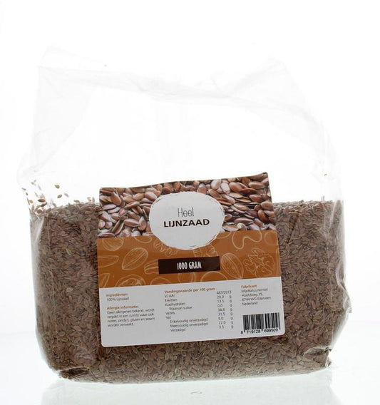 Raw whole flaxseed from MijnNatuurwinkel, 1 kilogram package, natural superfood rich in omega-3 and fiber.