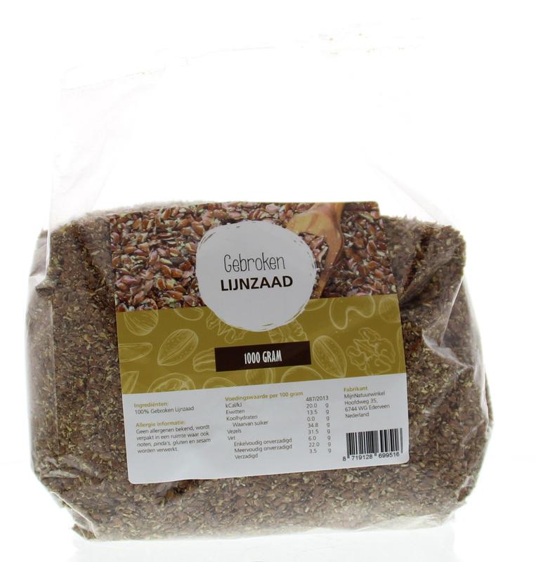 Broken flaxseed in a 1kg package from MijnNatuurwinkel, raw superfood rich in omega-3 and fiber, shown in a close-up image.