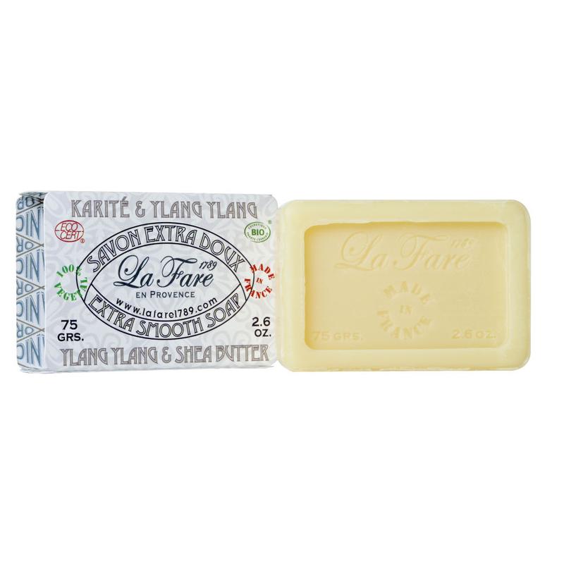 La Fare 1789 Zeep extra smooth shea butter and ylang ylang soap, 75g, with a creamy texture and floral fragrance.