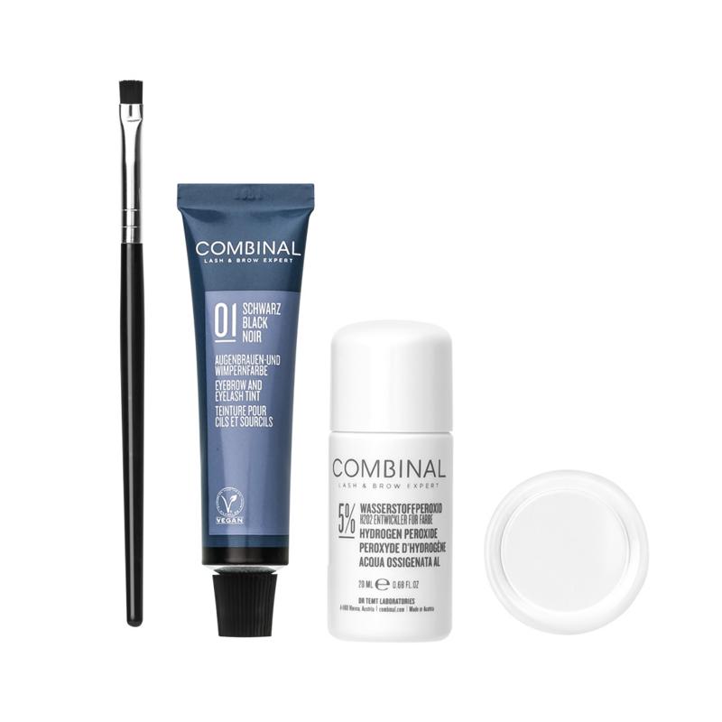 Combinal Wenkbrauwen wimperverf kit zwart 1.00 set for eyebrow and eyelash tinting, includes black dye and applicators.