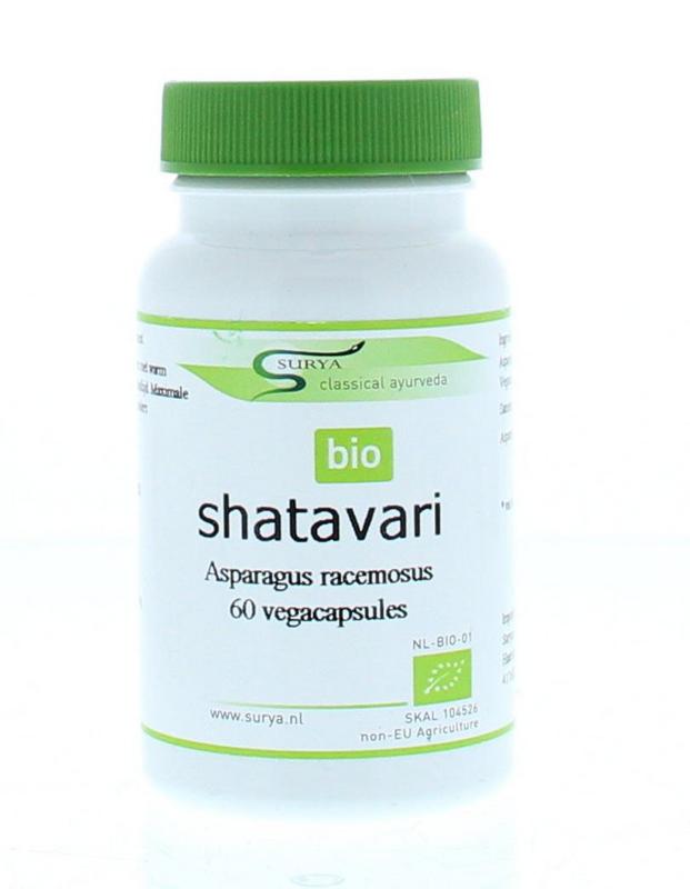 Surya Shatavari bio vegetarian capsules in a jar, herbal supplement packaging with product label and capsule images.