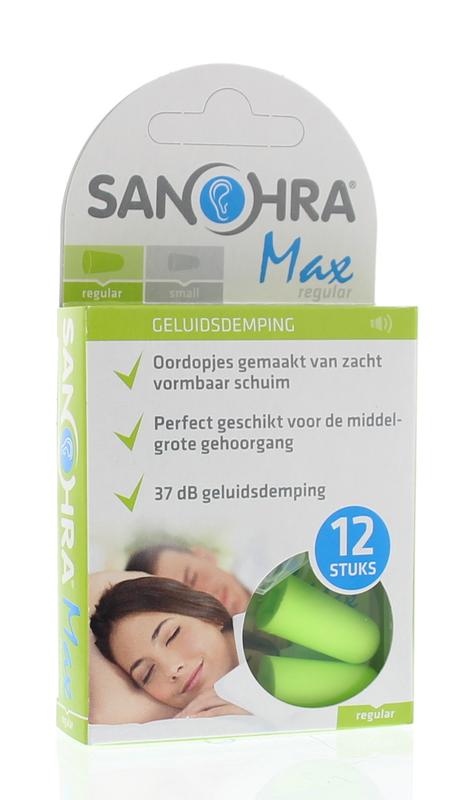 Sanohra foam hearing protection earplugs, max regular adult size, shown in a pair for noise reduction and ear safety.