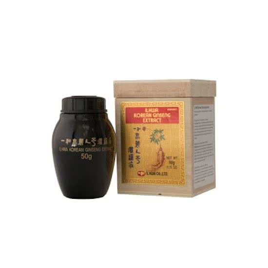 Ilhwa Ginseng extract in 50g package, herbal supplement from Ilhwa, showing the herbal extract container and label.