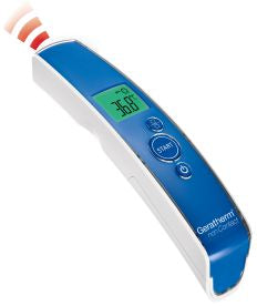 Geratherm non-contact infrared forehead thermometer measuring body temperature, with digital display and user-friendly design.