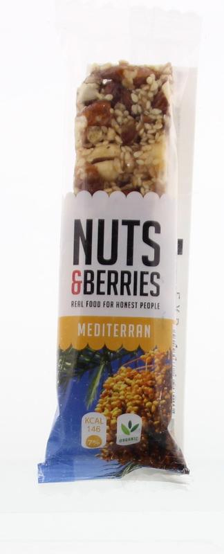 Nuts & Berries Mediterranean bio snack bar with nuts and berries, 40g, showing the bar's texture and ingredients.