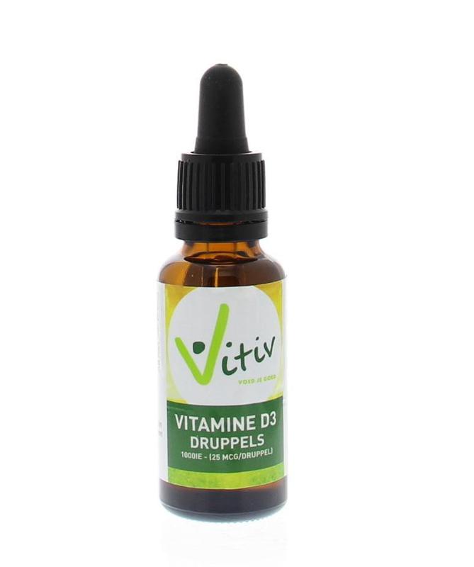 Vitiv Vitamine D3 druppels 1000IE in 25ml bottle, natural vitamin supplement with dropper for daily use.