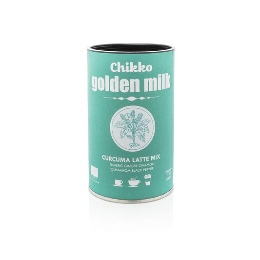 Chikko Golden Milk bio 110g jar with golden turmeric powder and natural ingredients for healthy hot drinks.