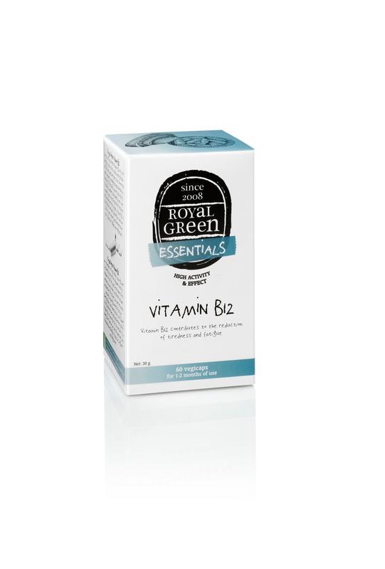 Royal Green Vitamin B12 vegetarian capsules in a bottle, herbal supplement for energy and vitality, herbal preparations.
