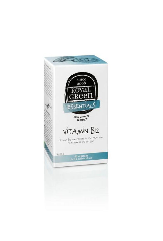 Royal Green Vitamin B12 vegetarian capsules in a bottle, herbal supplement for energy and vitality, herbal preparations.