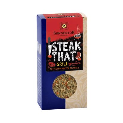 Sonnentor organic BBQ steak kruiden mix in a 50g package, featuring a blend of herbs, salts, and seasonings for grilling.
