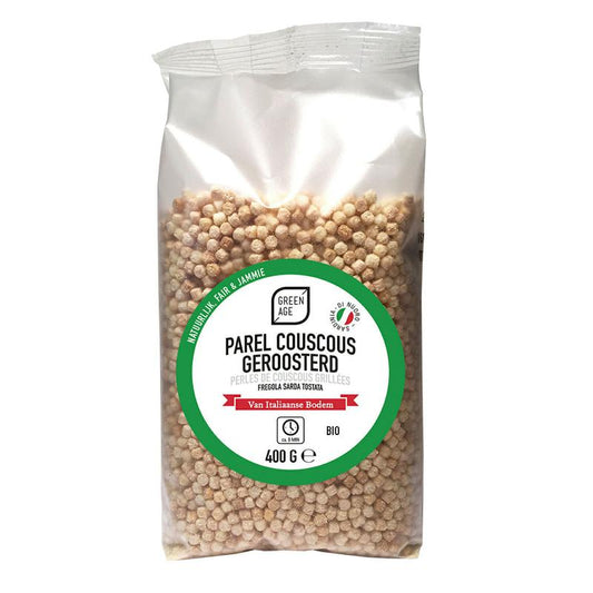 Greenage Parelcouscous geroosterd bio, 400g, organic roasted pearl couscous, in a clear package with a green label.