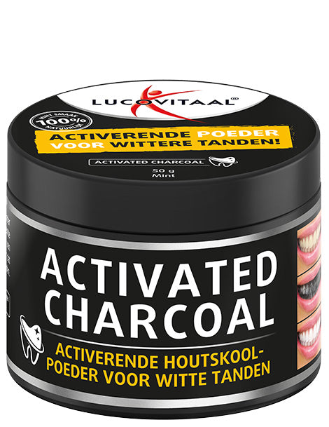 Lucovitaal Activated Charcoal herbal supplement in a 50g package, natural black powder for detox and digestive health.