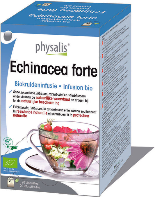 Physalis Echinacea Forte organic herbal tea in 20 tea bags, featuring a blend of echinacea and natural herbs in a box.