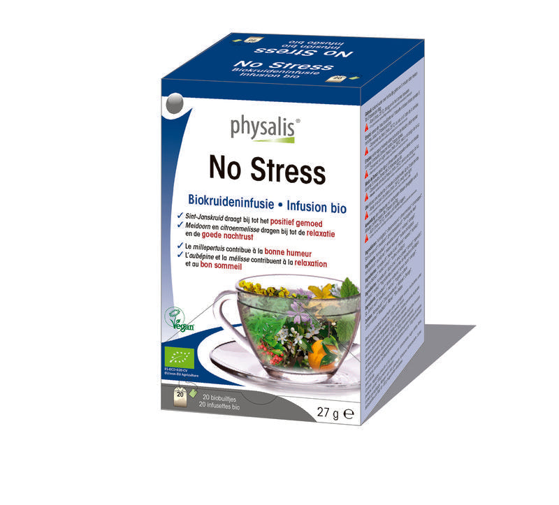 Physalis No Stress Thee Bio in 20 tea bags, organic herbal tea blend with calming ingredients, shown in a box.