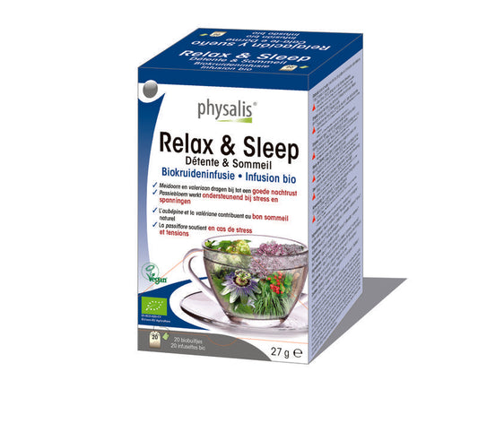 Physalis Relax & Sleep Bio tea in 20 tea bags, featuring calming herbal blend in a box with tea bags visible.