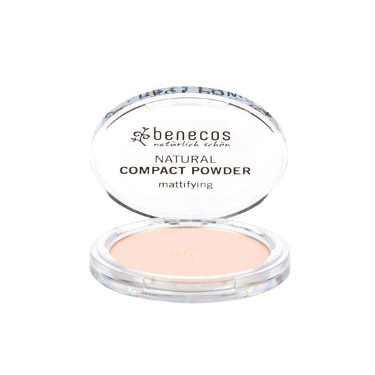 Benecos Natural Beauty compact powder in fair shade, 9 grams, showcasing a pressed makeup product for a natural, matte finish.