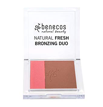 Benecos Natural Beauty Ibiza Nights bronzing duo with two shades in a compact makeup product on a mirror surface