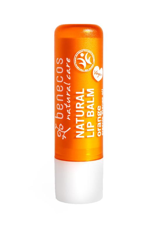 Benecos natural beauty orange lip balm, natural lip care product in a tube, moisturizing and nourishing for lips.