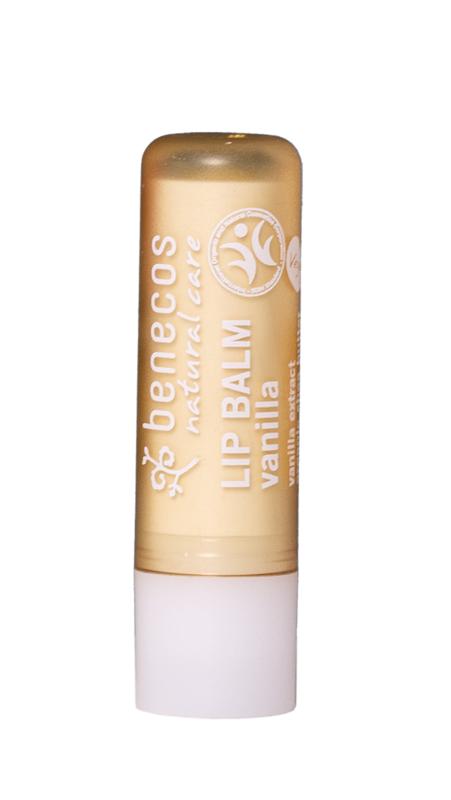 Benecos Natural Beauty vanilla lip balm tube, moisturizing lip care product with vanilla scent, displayed in a close-up shot.