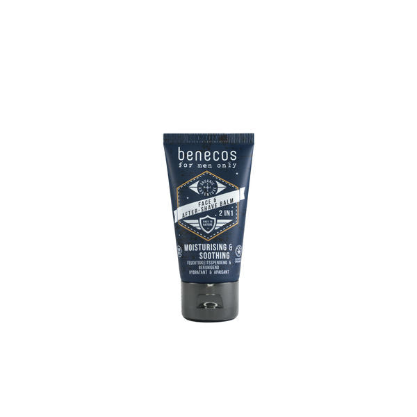 Benecos Natural Beauty Bio Men Face Aftershave Balm 2-in-1, 50ml, with a sleek bottle and minimalistic design.