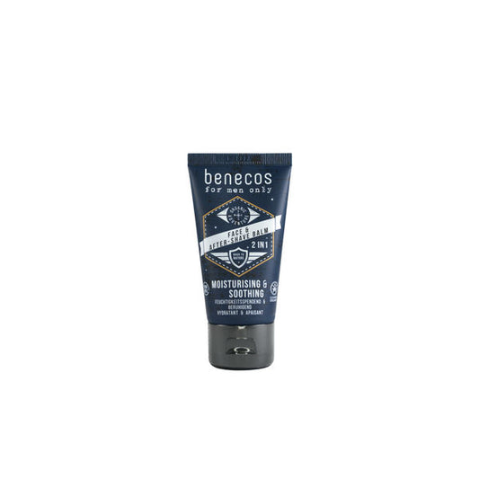 Benecos Natural Beauty Bio Men Face Aftershave Balm 2-in-1, 50ml, with a sleek bottle and minimalistic design.