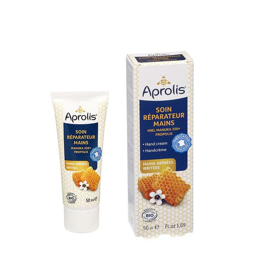 Aprolis Manuka handcreme in 50ml tube, nourishing hand care product with Manuka extract, designed for skin repair and hydration.