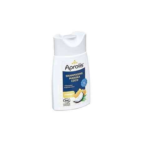 Aprolis Manuka and coconut shampoo bottle for men's hair care, 200ml, with natural ingredients and nourishing formula.