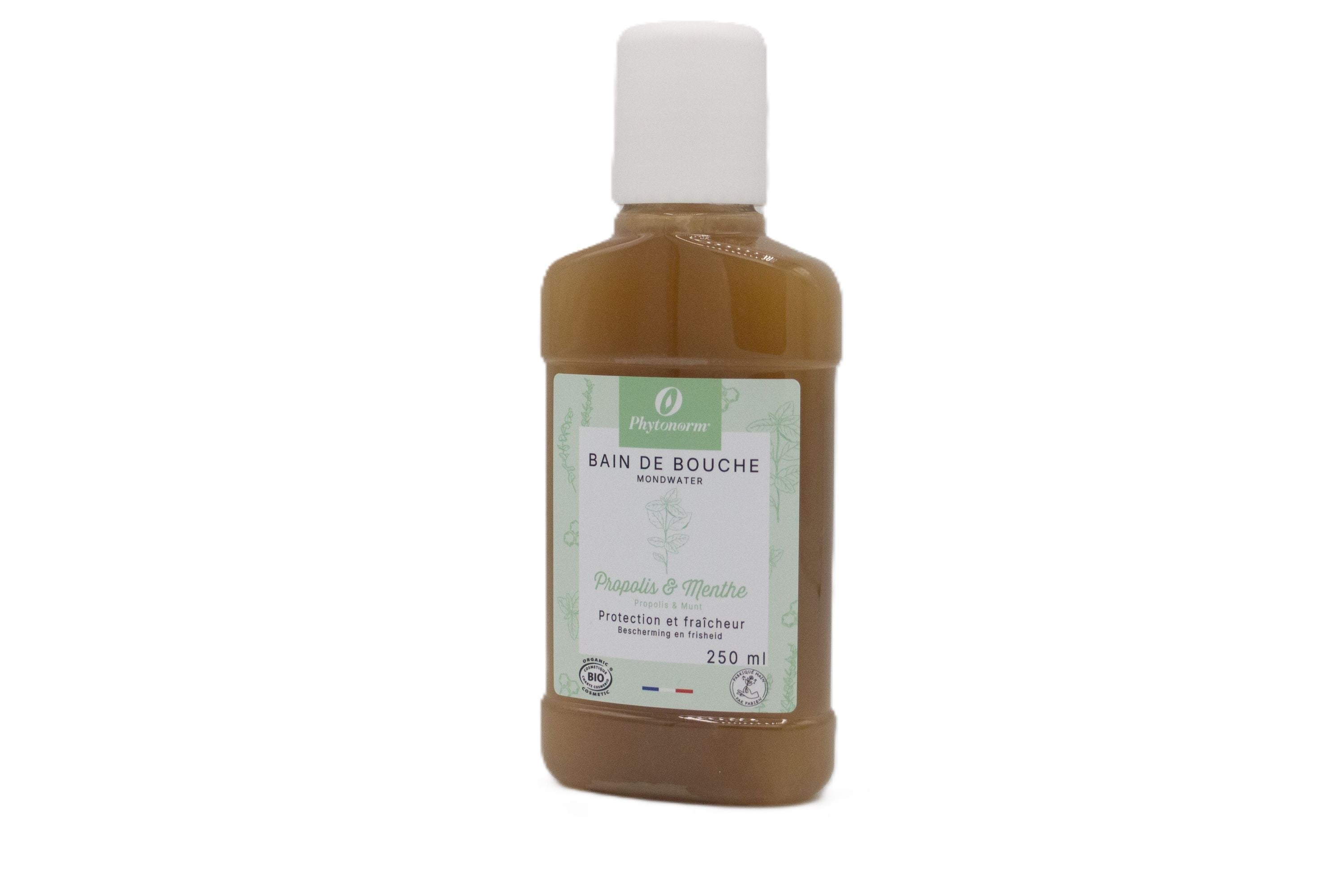 Phytonorm Mondwater with propolis and mint in a 250ml bottle, a natural mouth rinse for fresh breath and oral health.