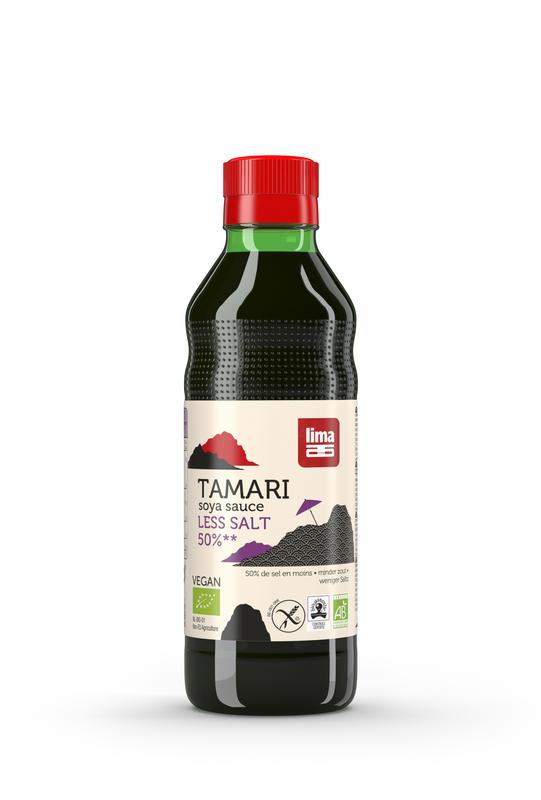 Lima Tamari soy sauce bottle with 50% less salt, organic, 250ml, in a clear glass bottle with a black cap.