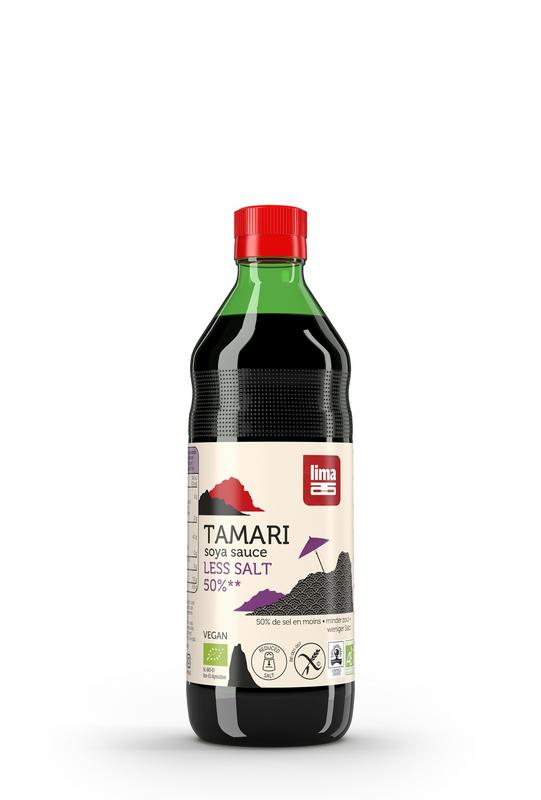 Lima Tamari sauce with 50% less salt in a 500ml bottle, natural organic soy sauce for cooking and flavoring.