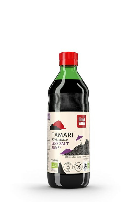 Lima Tamari sauce with 50% less salt in a 500ml bottle, natural organic soy sauce for cooking and flavoring.